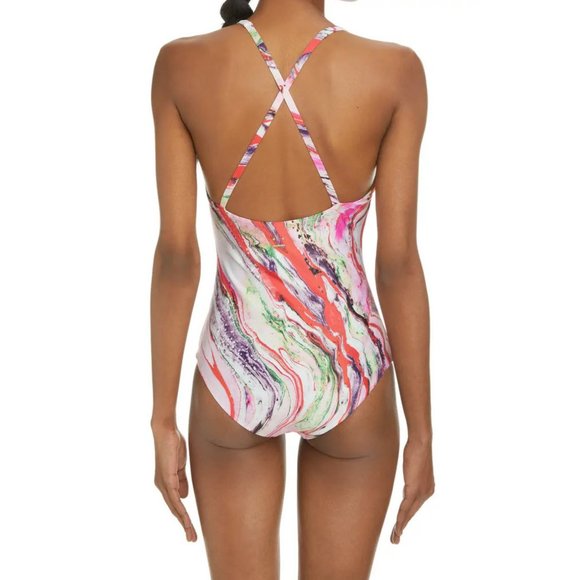 ACNE STUDIOS Witala Face Marble Print One-Piece Swimsuit Sz S - Picture 2 of 14